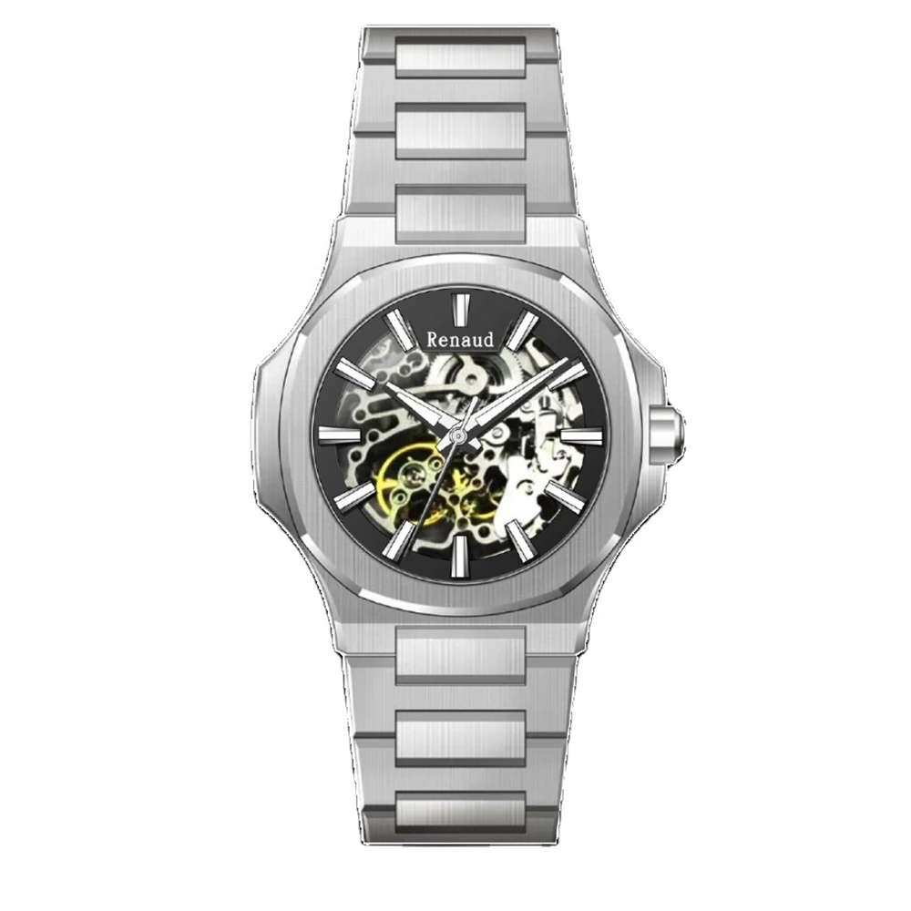 

Skeleton Automatic Watch Men Luxury Self-Wind Mechanical Wristwatches 40mm Square 10Bar Water Resistant Watches Top Brand RENAUD