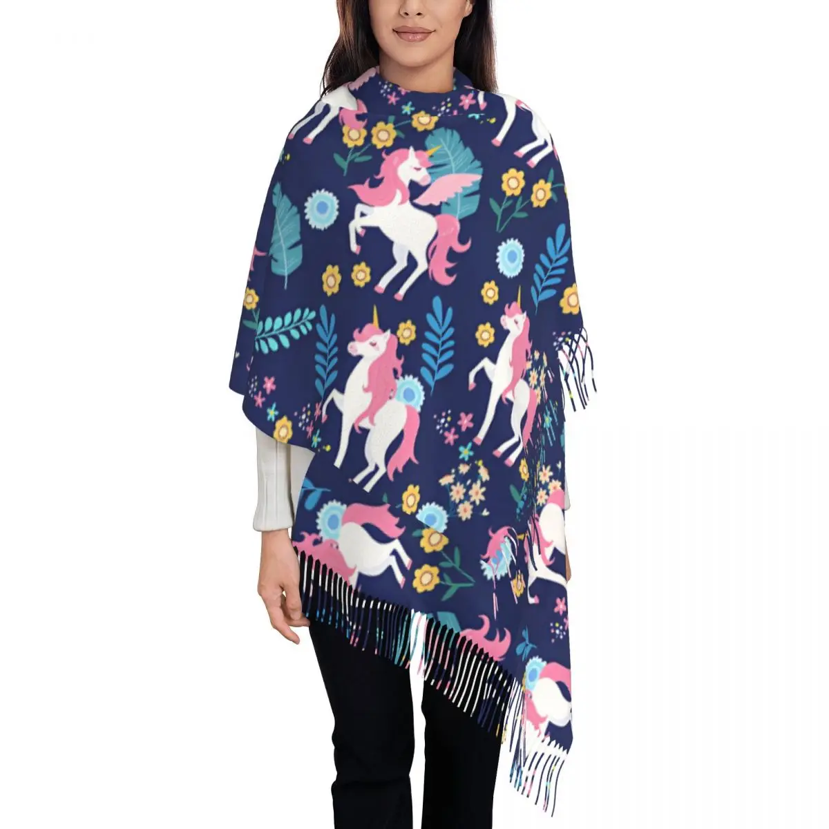Бесшовный шарф с цветочным узором единорога женские длинные зимне-осенние
