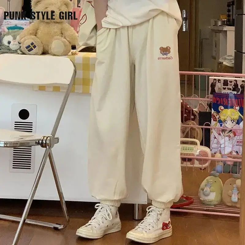 Kawaii Harajuku Joggers Y2k Bear Print Pants Teens 2000s Soft Girl Loose Beige Baggy Pink Gray Trousers Alt Embroidery Sweatpant