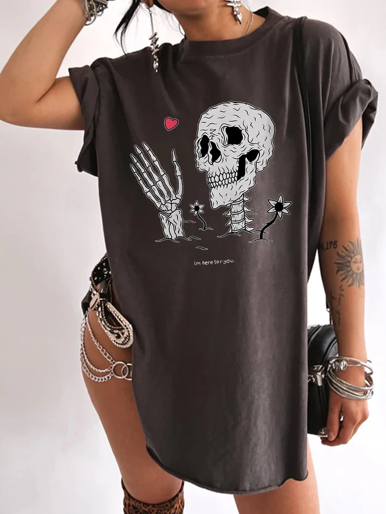 

Seeyoushy Funny Skull Skeleton Print Women TShirt Vintage Summer Side Slit T Shirt Femme 90s Girls Aesthetic Tops Women Clothes