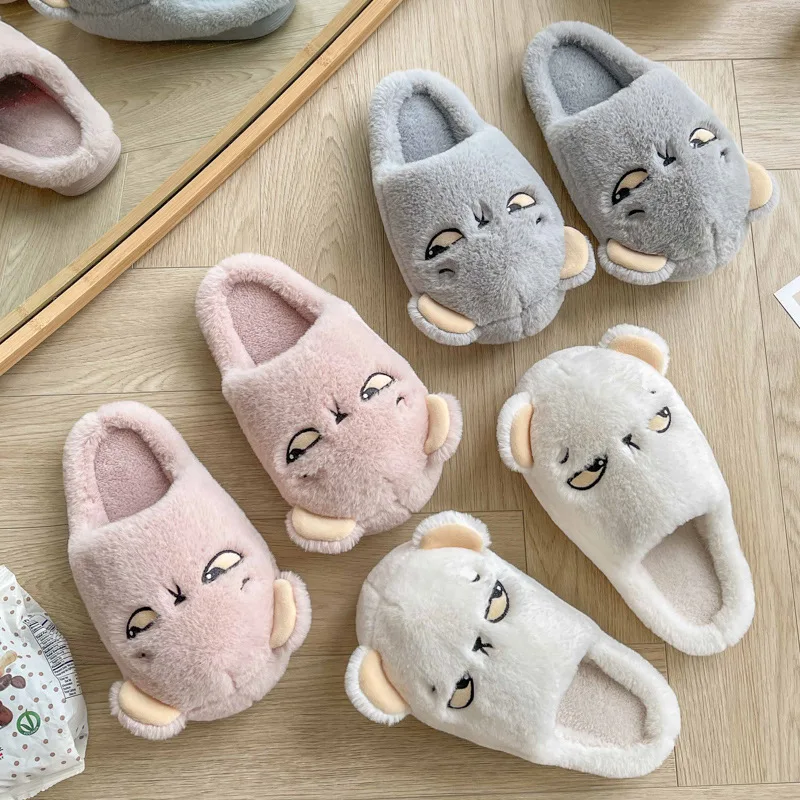 Suihyung Cartoon Bear Plush Slippers Women Winter Warm Home Cotton Shoes Soft Platform Flat Slides Lovers Indoor Floor Slippers