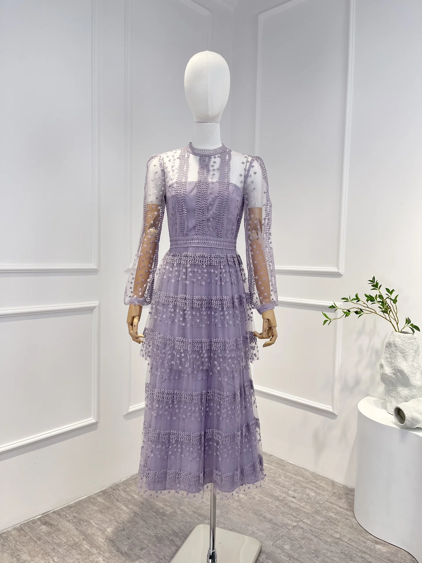 

2023 Latest Spring Summer Top Quality Violet See Through Long Sleeve Floral Embroidery Midi Tulle Elegant Women Dresses