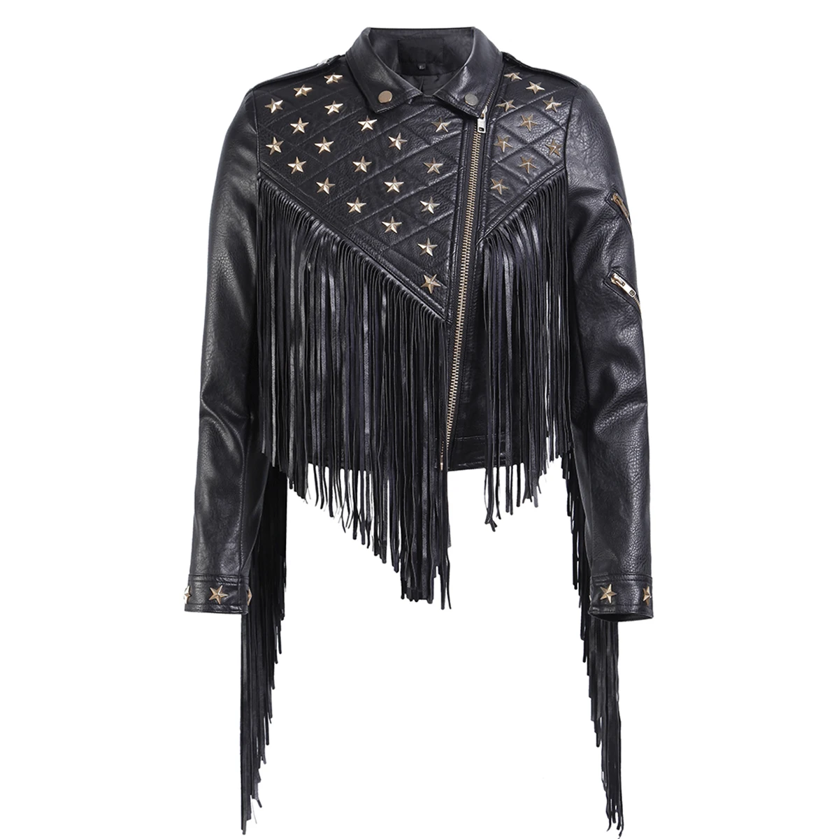 Enlarge NEW Autumn Winter Streetwear Zipper Jacket Women Hand-studded Star Rivet Tassel Chain Short Tops Slim Fit Black Casual Coats