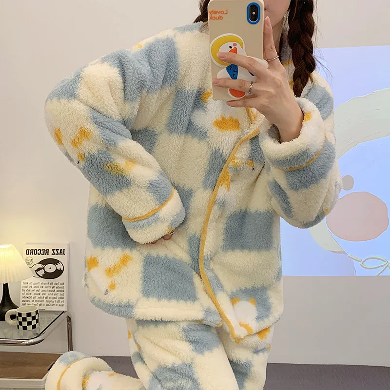 Yasuk Autumn Winter Fashion Women's Casual Lovely Print Dunk Warm Soft Sleepwear Pajamas With Pants Velvet Pullover Thick Button