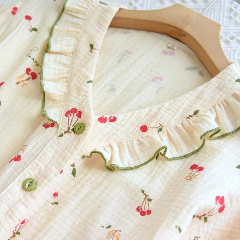 Crepe Pijamas Women Pyjamas Home Clothes Lace Collar Cardigan Sleepwear Short Sleeve Pajamas For Women Sweet Pijama Sets Cotton