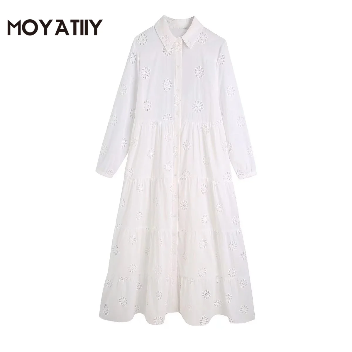 

MOYATIIY Women 2022 Fashion Spring Dress Vintage Embroidery Hollow Design White Cotton Dresses Long Sleeve Female Vestidos