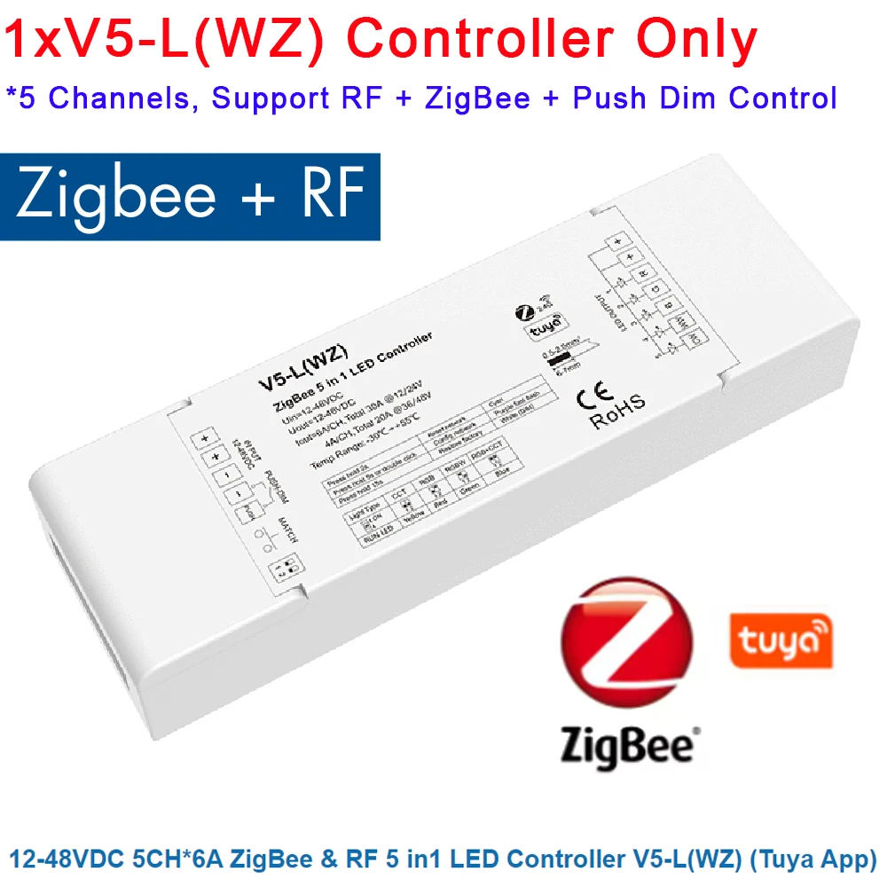 Фото Контроллер Tuya ZigBee RGBCCT 12 В 24 В постоянного тока 48 В 5 в 1 2,4G RF беспроводной шлюз Smart Life PWM для светодиодных лент RGB RGBW V5-L WZ №2