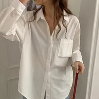 ZOKI Designed Women White Shirts Vintage Button Up Long Sleeve Office Ladies Shirt Casual Pocket Spring Blue Cotton Tops New