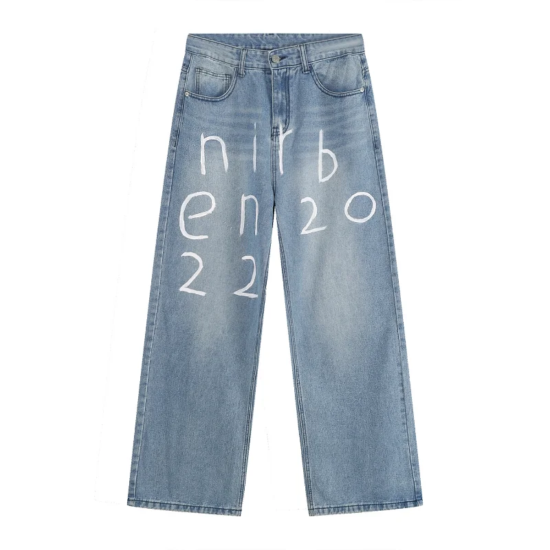 2022 New Four Seasons New Korean Version Loose Letter Hand-painted Design Jeans Men Fashion Man Pants Retro Cargo Pants Men
