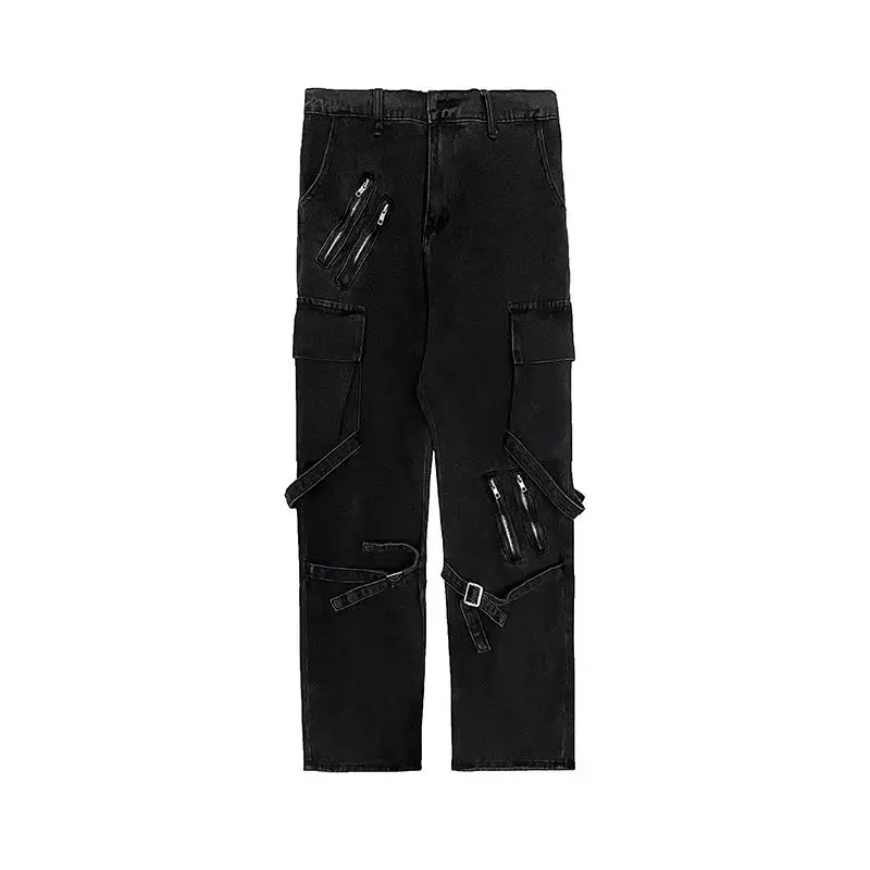 DEEPTOWN Ribbon Cargo Jeans Men Loose Straight Denim Pants Streetwear Fashion Design Hip Hop Casual Trousers Male Black Spring