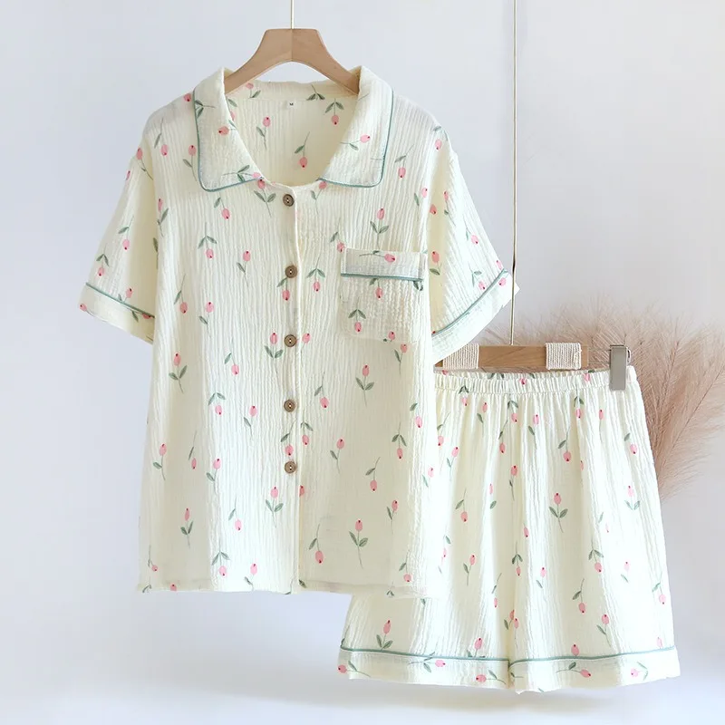 

Новые пижамные комплекты с отложным воротником и коротким рукавом, женские летние хлопковые кавайные Модные женские пижамы с принтом тюльпана, Симпатичные пижамы из 2 предметов