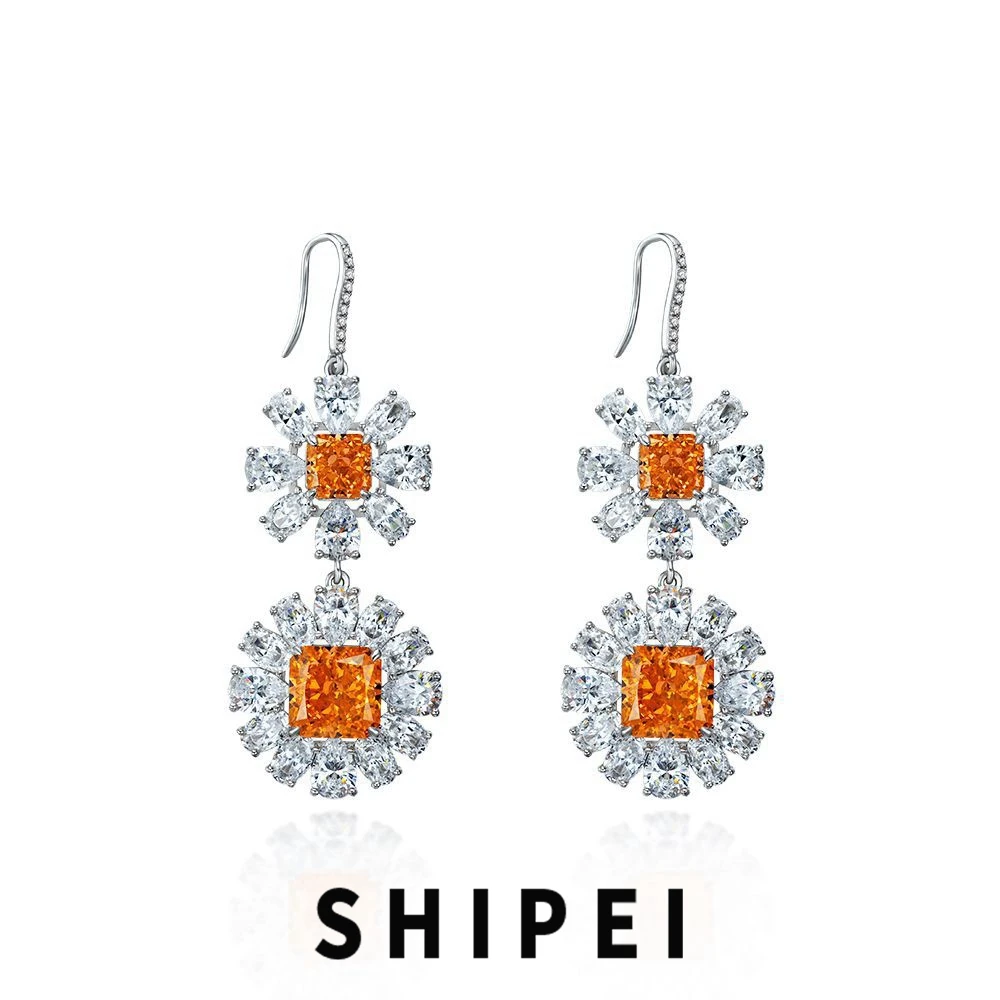 

SHIPEI Luxury Solid 925 Sterling Silver Crushed Ice Cut 5CT Rose Orange Sapphire Gemstone Daisy Dangle Earrings Wedding Jewelry