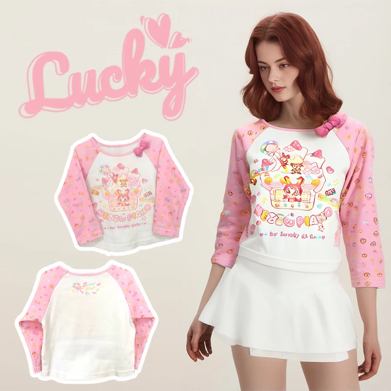 Японская субкультура милая футболка с мультяшным принтом осенняя новая бантом и