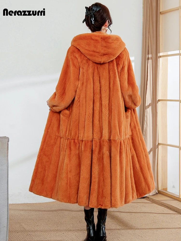 

Nerazzurri Winter Luxury Elegant Chic Stylish Long Orange Thick Warm Fluffy Skirted Real Mink Fur Coat Women with Hood Overcoat