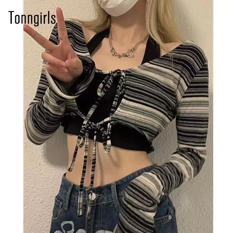 

Tonngirls Grunge Tie Dye Crop Tops 2-piece Women Casual Y2k Vintage T-shirt E Girl Streetwear Long Sleeve Lace Up Tee Shirts