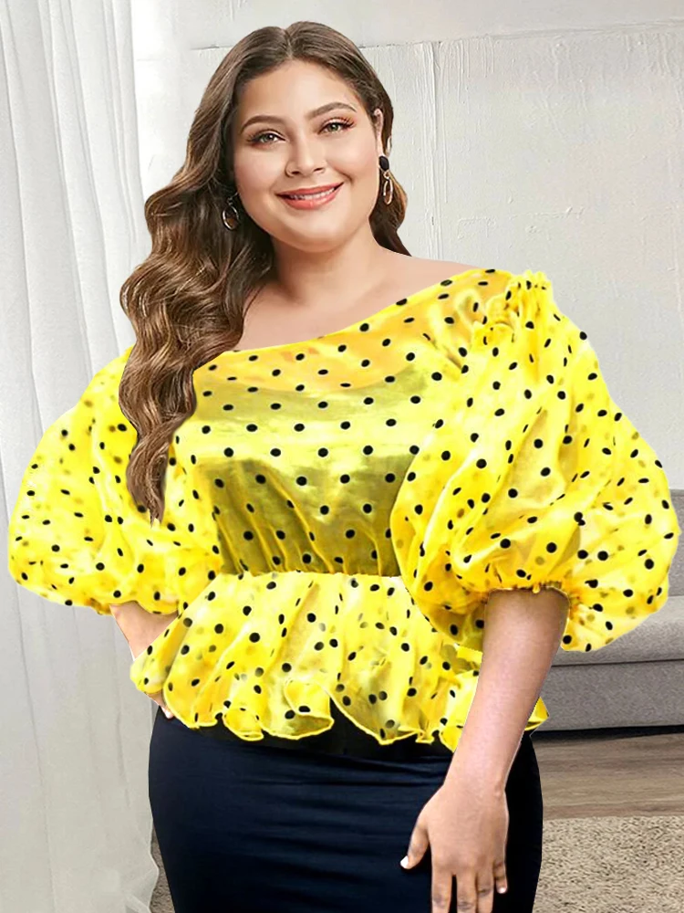 Blusas amarillas de talla grande para mujer, blusas transparentes finas con mangas abullonadas, un hombro, lunares, Peplum