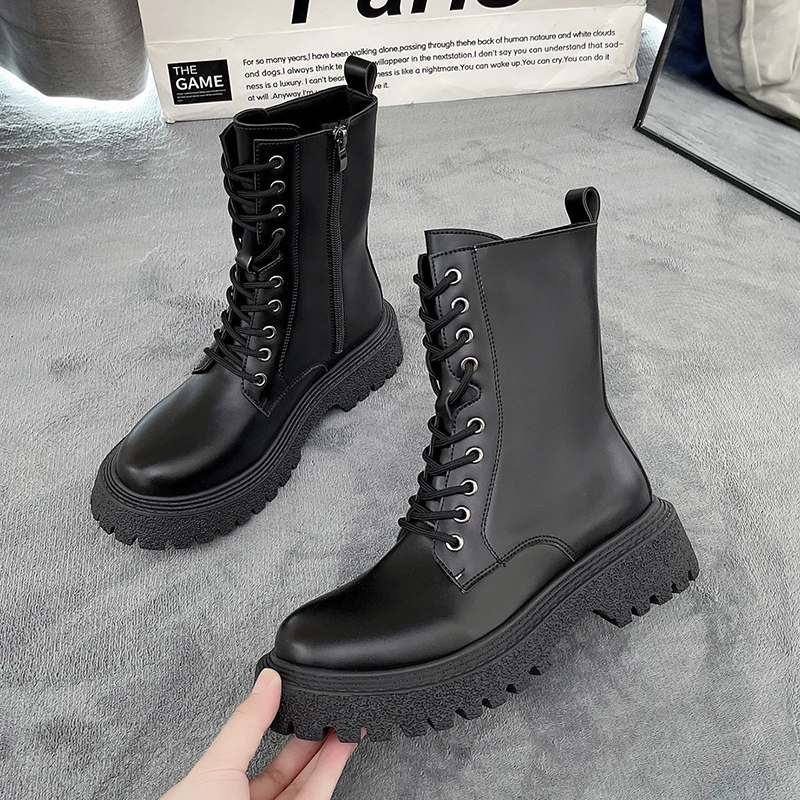 

New Black Platform Combat Ankle Boots for Women Lace Up Buckle Strap Woman Shoes Winter Biker Boots Boots for Women Platform