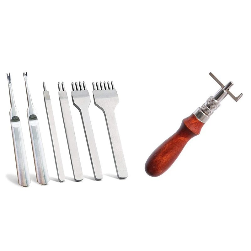 

1 Set 1/2/4/6 Prong DIY Diamond Lacing Stitching Chisel Set & 1 Pcs Solid Adjustable Pro Stitching Groover Craft Tool