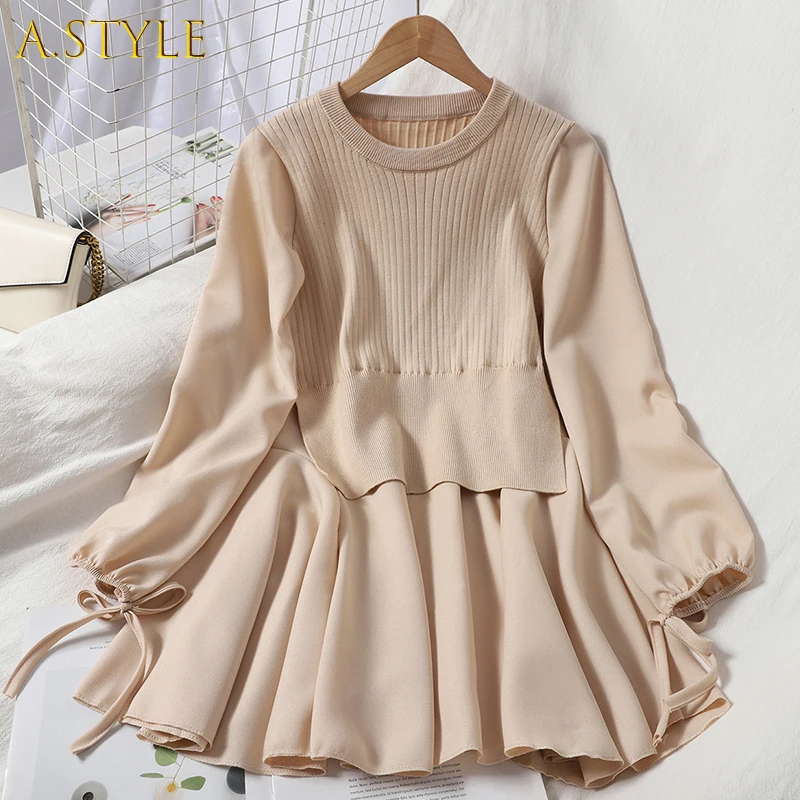 

A GIRLS Patchwork Fake Two Piece Sweater Dress Women 2022 Fashion Clothes Woman Robe Knit Mini Dresses Korean Vestido Feminino
