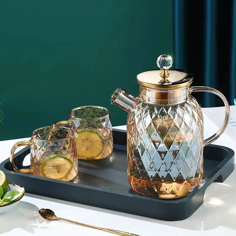 

Amber color Diamond Glass Household Kettle Heat-resistant thickened glass household juice flower teapot 1750 ml