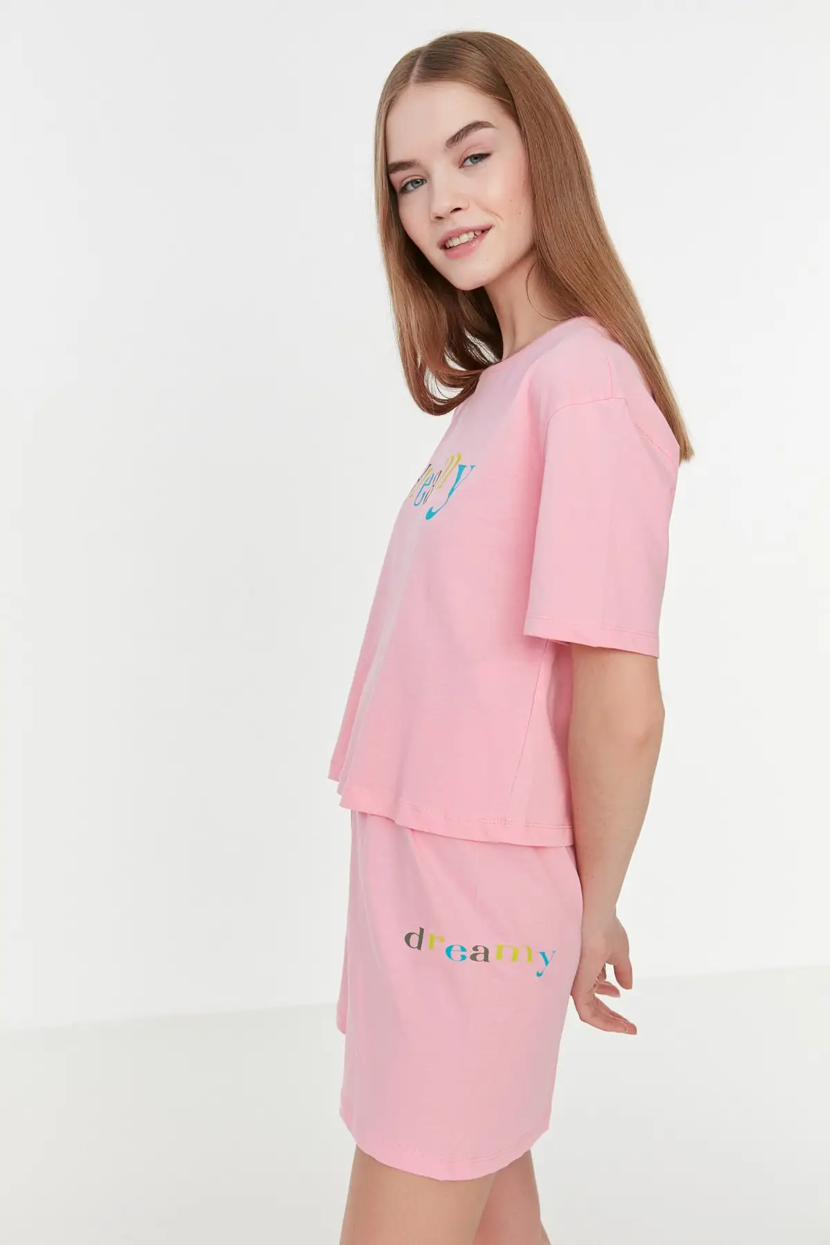 

Women's Pajamas Pink Printed Knitted Sleep Lounge Pajamas Nightwear Sleepwear Night Suit Casual Home Clothing