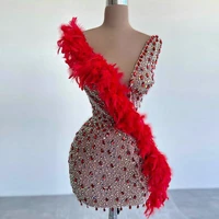 red feather sexy party gown deep v neck sequin cocktail dresses women short homecoming dress for ladies 2022 vestidos de fiesta