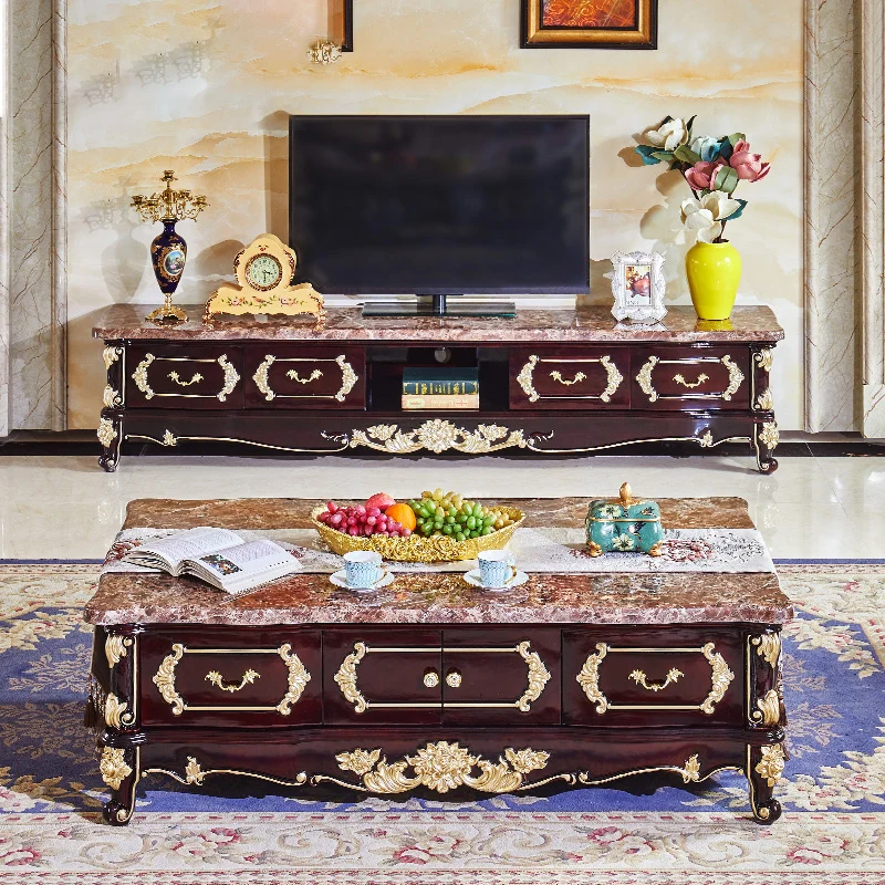 

1European-Style TV Cabinet Marble Tea Table Combination Large and Small Apartment Type Living Room Solid Wood American