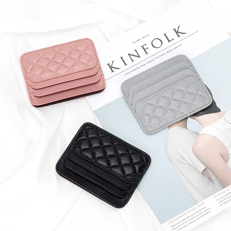 Sheepskin Quilting Credit Card Holder Fashion Luxury Diamond Stichting Mini Wallets For Women Slim Genuine Leather ID Card Case