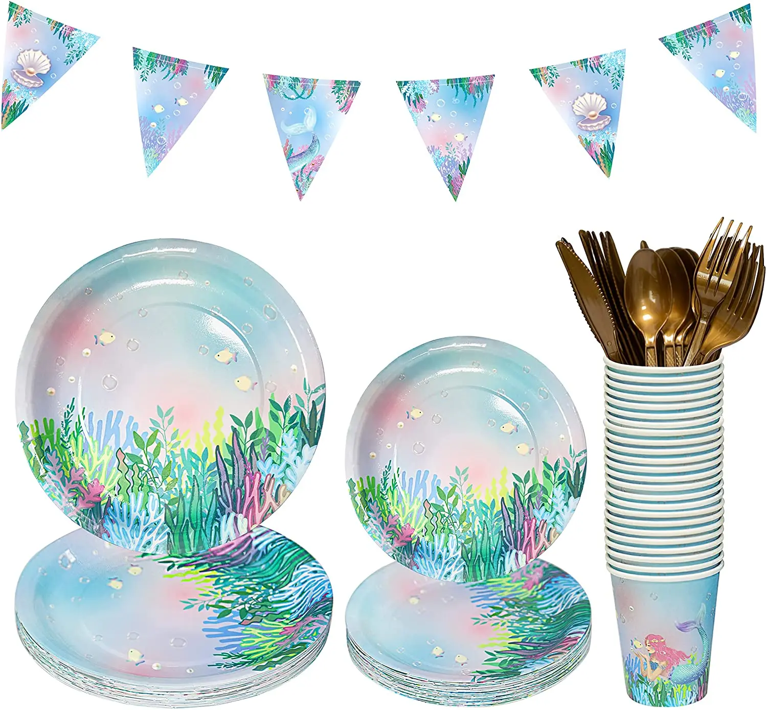 

24 Sets Mermaid Birthday Party Tableware for Under The Sea Party Flags Decoration Disposable Tableware Sets Plate Party Supplies