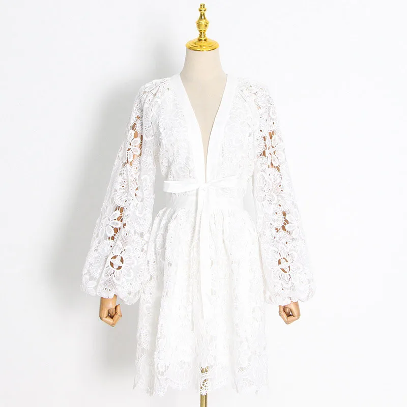 

SeeBeautiful Embroidered Sexy V-neck Hollow Out Puff Sleeve A-line Short Dress High Waist Lace Up Summer 2022 New Fashion Q293