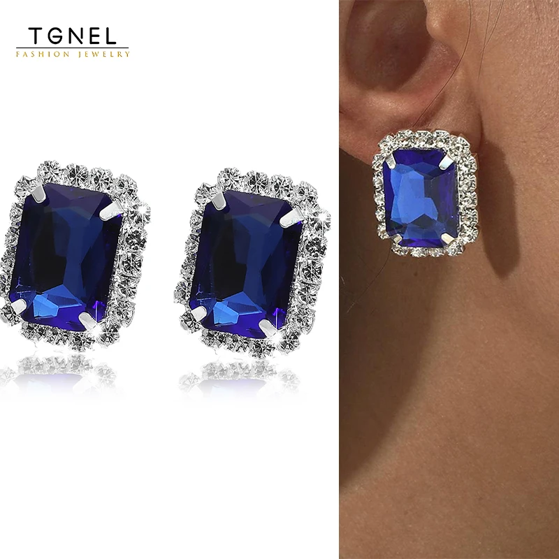 

Elegant Earrings For Women Delicate Blue Rectangular Zircon Fine Rhinestone Stud Earrings Engagement Party Gifts Platinum Plated