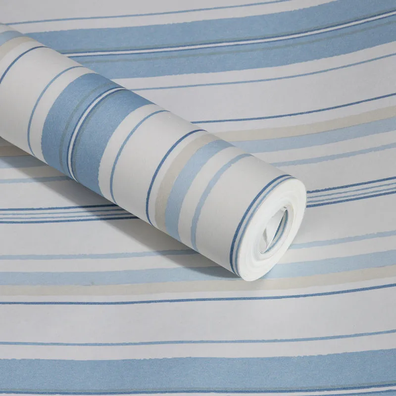 Полосатая синяя настенная бумага в средиземноморском стиле виниловая