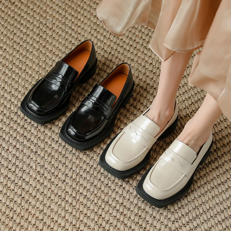 

2022 New Spring Split Leather Woman Shoes Casual Slip-On Loafers Square Toe Women Pumps Zapatos De Mujer Women's Leather Shoes