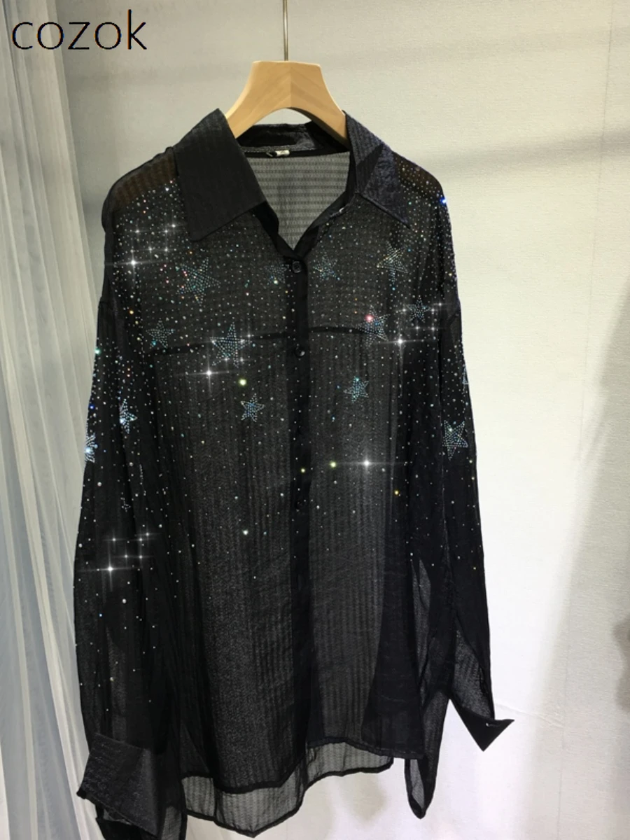 

European Hot Rhinestone Sun Protection Shirt Women's Fashion Shiny Black Light Blouse 2023 Autumn New Loose Mid-Length Shirts