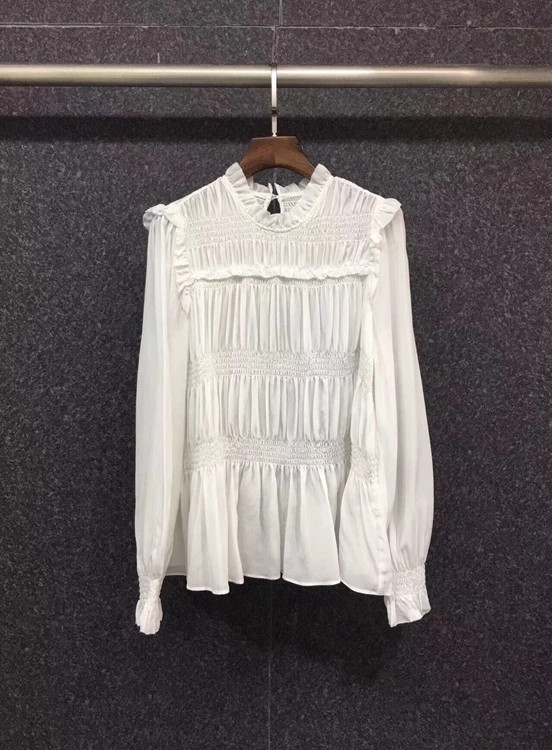 

2022 new women fashion round neck pleated solid color decoration long-sleeved all-match shirt shirt 1229