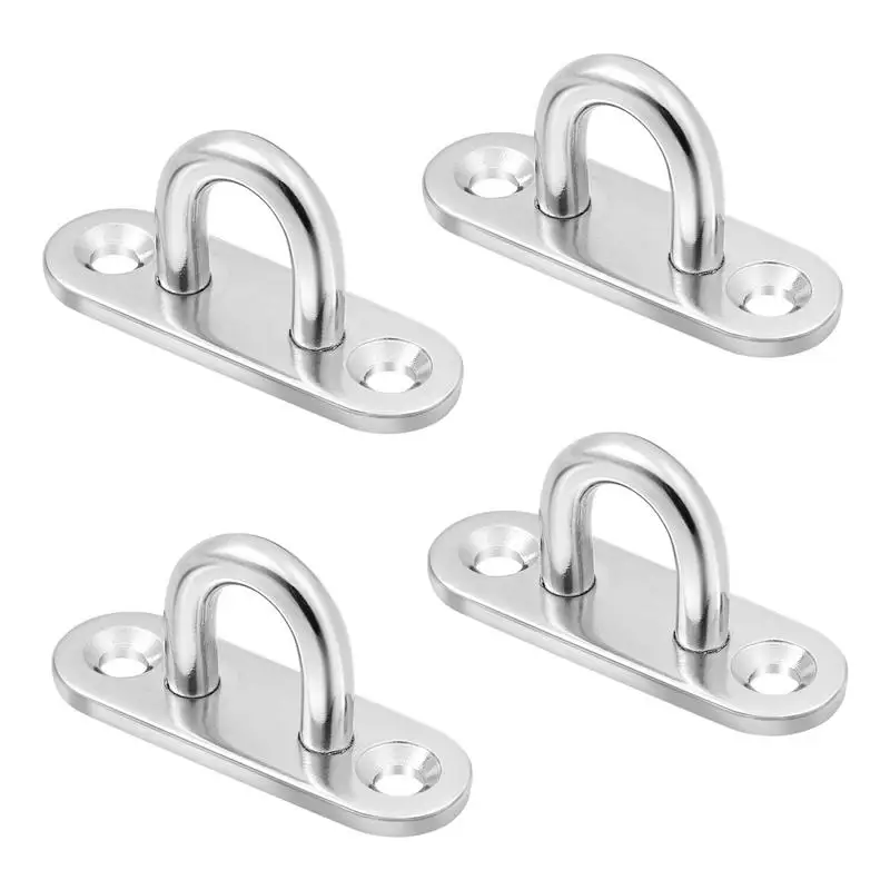 4 Pcs Stainless Steel Oblong Pad Eye Plate Staple Ring Hook Loop U-shaped Design Screws Mount Hook Hanger