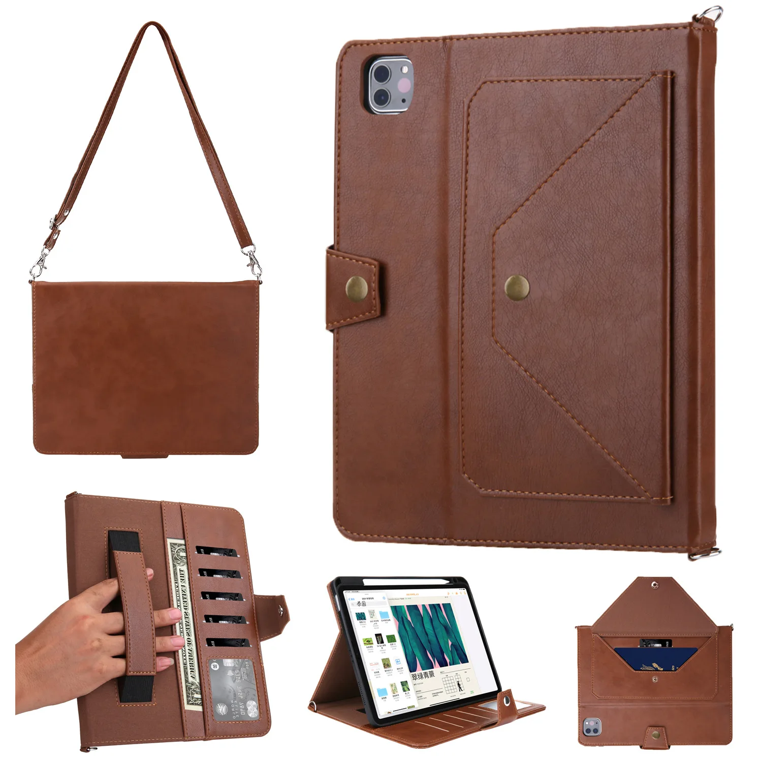 

Compatible with iPad Pro 11 2021 mini4 5 Air4 5 Pen Slot Envelope Strap Tablet Case Hand Cord Holder Insert Card Flip Cover