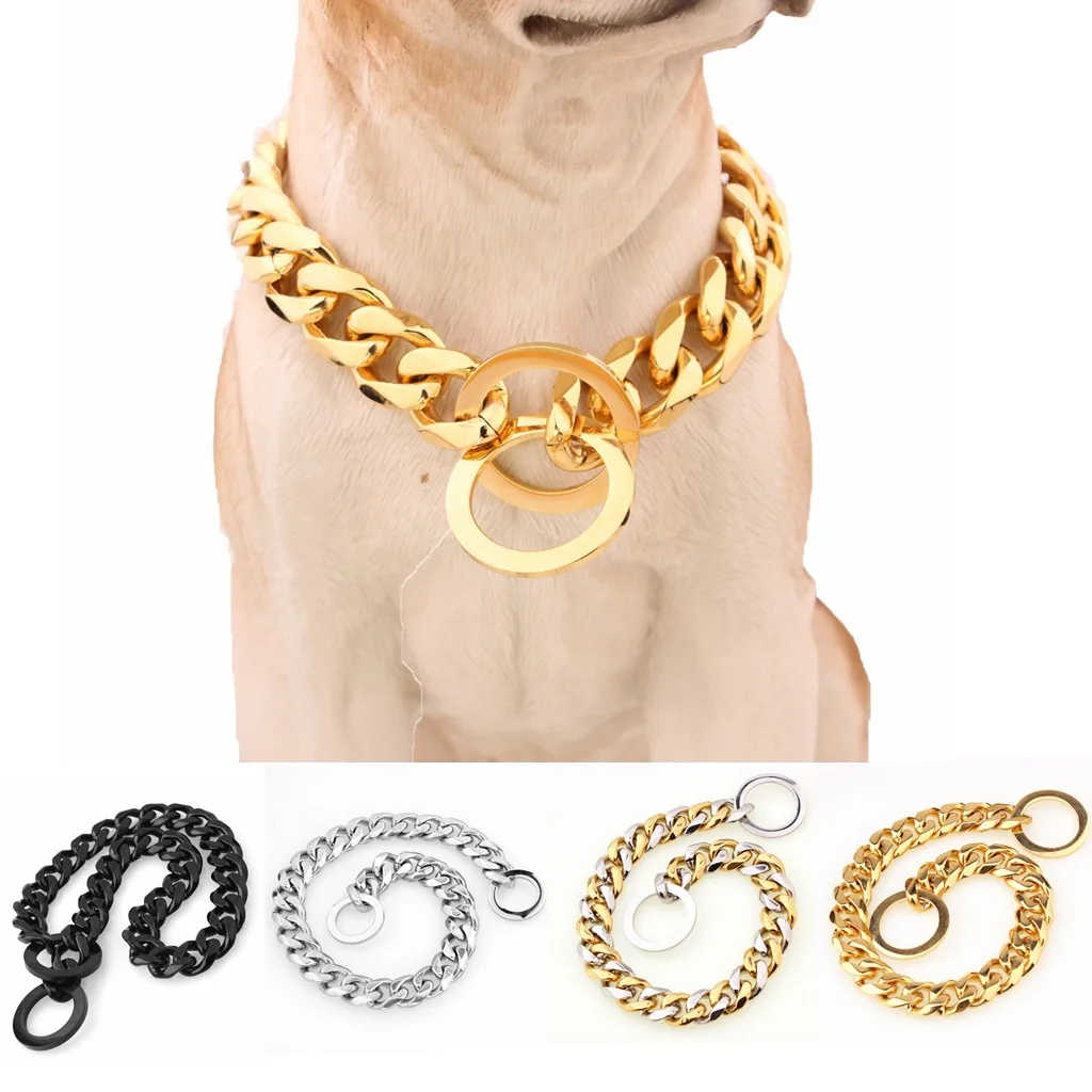 

Цепочка для собаки 19 мм, прочное металлическое ожерелье для дрессировки домашних животных, ошейник из нержавеющей стали, Золотое кубинское звено для большого кольца для прогулок с собакой