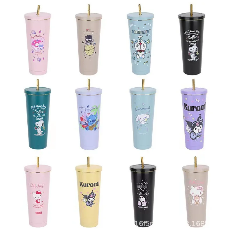 

Anime Sanrio Hello Kitty Straw Cups Kawaii Doraemon Bad Badtz Maru Large Capacity Stainless Steel Insulation Cup Coffee Cups