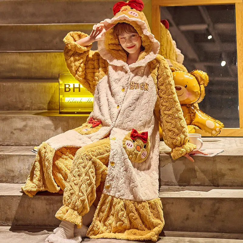 Pajamas Women's Autumn and Winter Models New Thick Loose Cute Home Service Suits Can Be Worn Outside Pajama Set