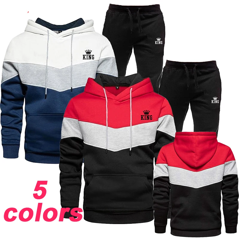 

New King printed men's sportswear set Fashion set Tri color pullover Sweater casual pants Sports men's hoodie Sports pants