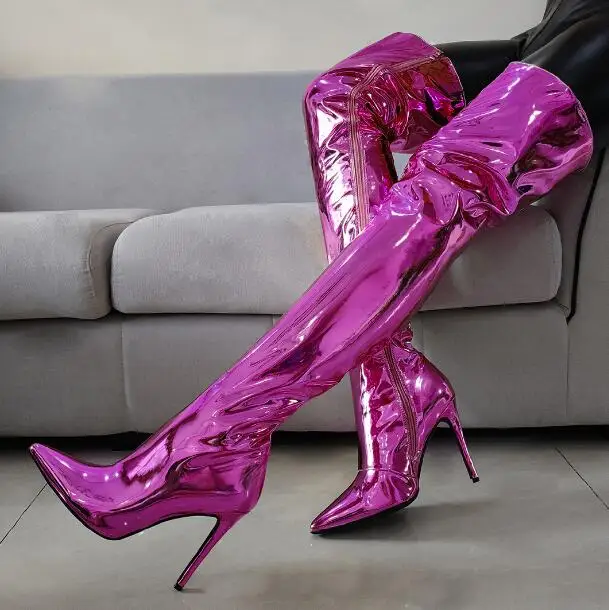 

Purple Sliver Gold Patent Leather Pointed Toe Zipper Side Over The Knee Boots Women Sexy Night Club Thin Heels Thigh Long Boots