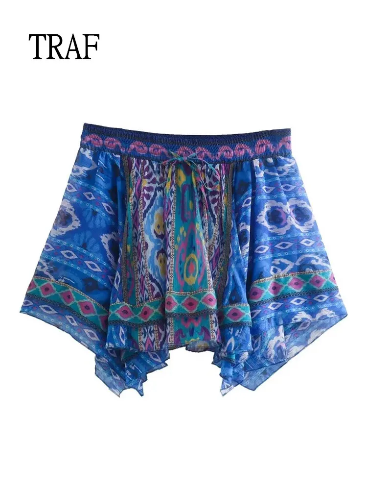 

TRAF Women Chiffon Short Skirt 2022 Vintage High Waist Mini Skirts Woman Fashion Bow Tie Drawstring Print Irregular Summer Skirt