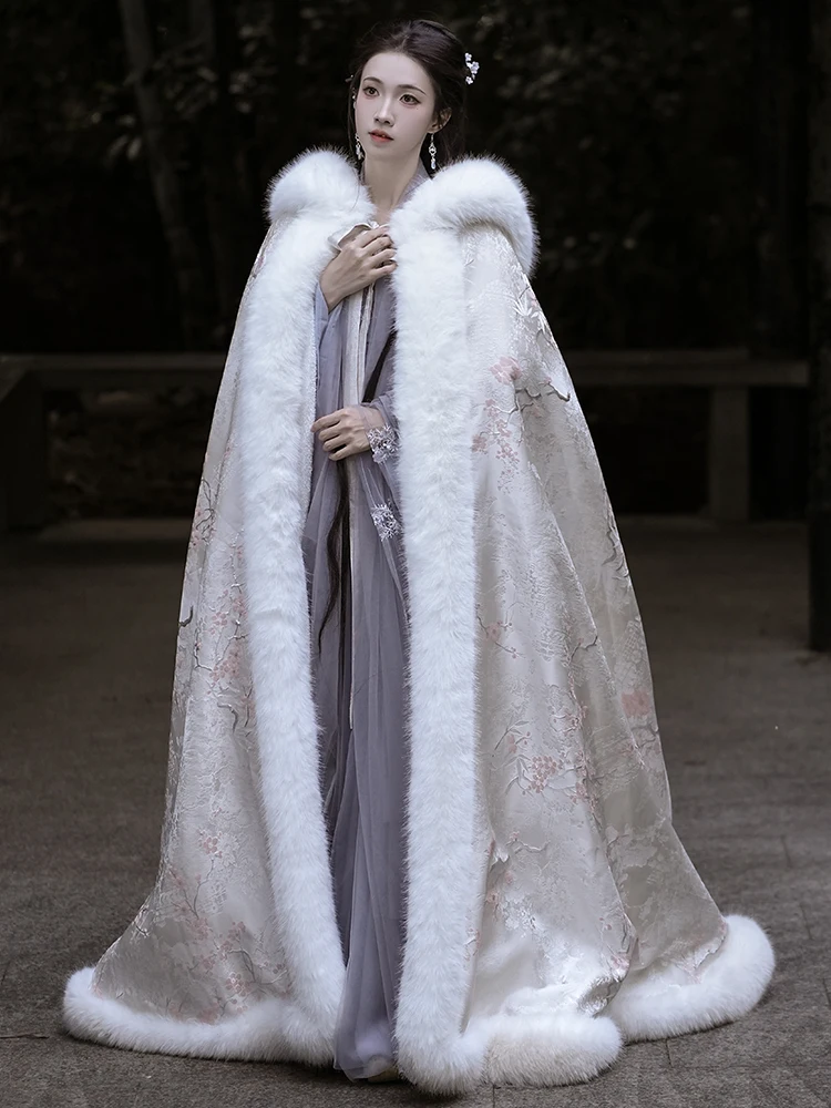 Плащ Ханфу с капюшоном и бархатным зимним утепленным теплым плащом в китайском