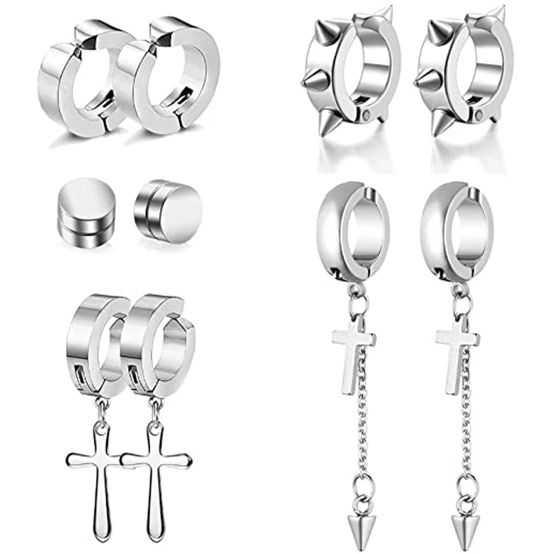 

5 Pairs Steel Stainless Steel Non-Piercing Spike Rivet Cross Dangle Tassel Clip on Hoop Earrings Set for Women Men Boy Girl