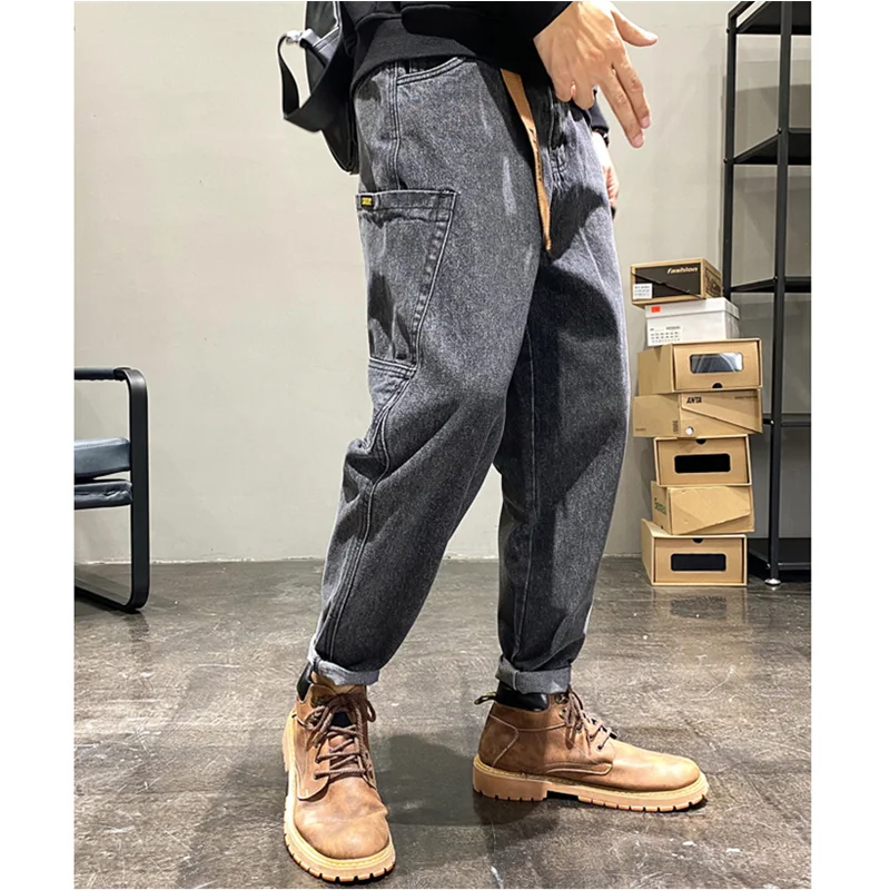 Men Clothing New Pattern Recreational Vintage Nostalgia Black Grey Jeans Straight Cylinder Loose Street Trousers Autumn Female