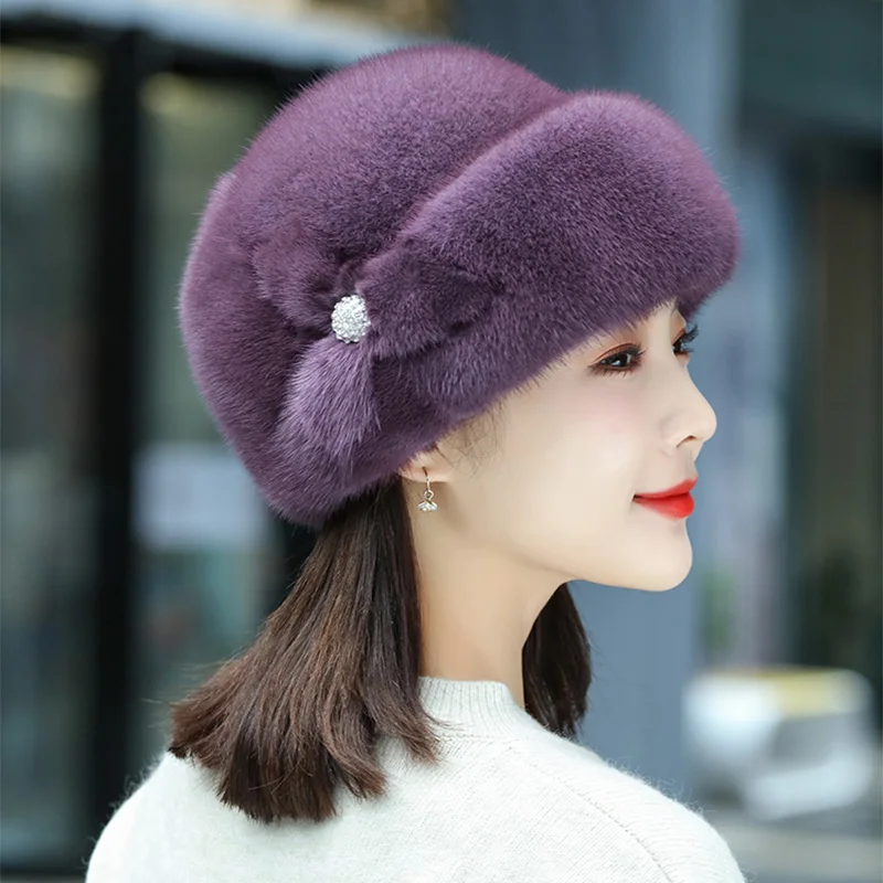 Winter Hot Sale Fashion Warm Women's Middle Aged Ear Protection Mink Hat Sleeve Pullover Hat Fashion Mom  Fur Hat Free  Shipping