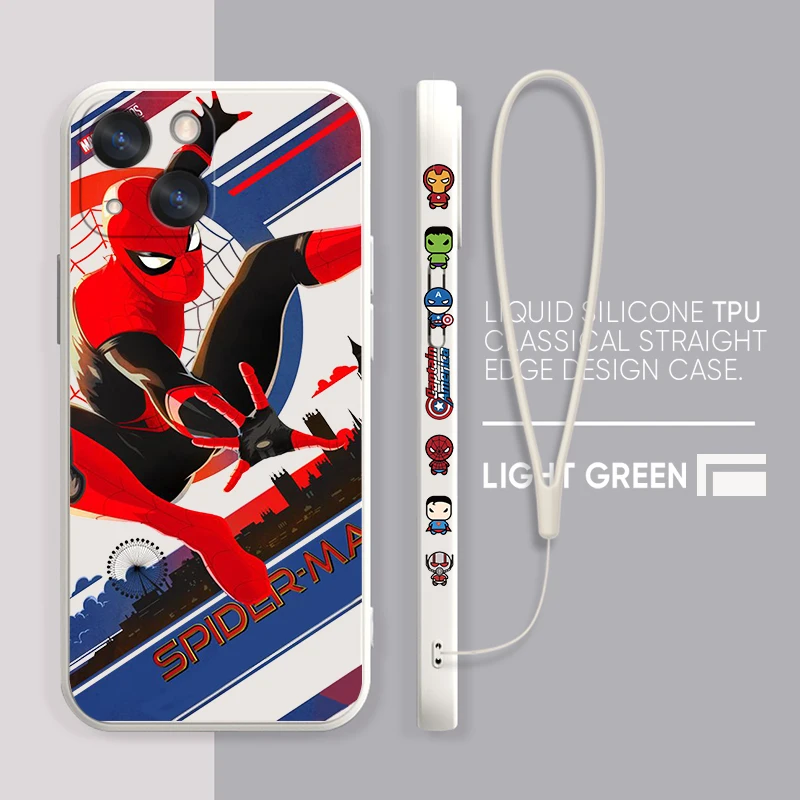 

Cute Marvel Iron Man For iPhone 14 13 12 Mini 11 Pro XS MAX XR X 8 7 6S SE Plus Liquid Left Rope Shockproof Phone Case