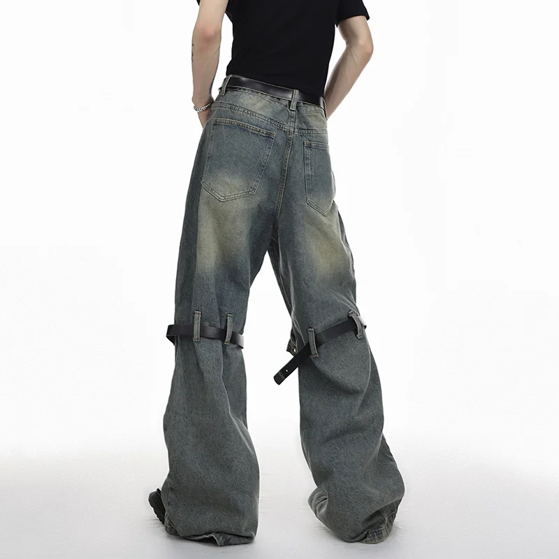 FEWQ Vintage Men Spliced Micro Flared Jeans American Style High Street Wide Leg Straight Denim Pant 2023 New Personality 9A8932n