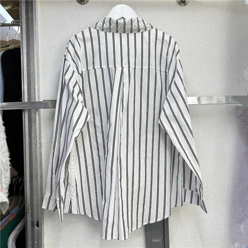 DEAT женская рубашка свободная лоскутная джинсовая с пуговицами в полоску и